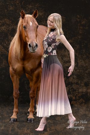 Artistic photo sequence showing flowing movement between a brown horse and dancer in dark setting.