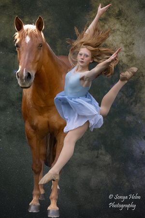 Dynamic dance poses captured with a chestnut horse against a moody dark backdrop.