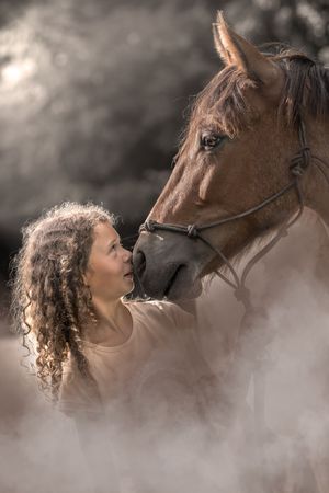 A majestic brown horse and someone sharing an intimate moment in misty atmospheric lighting.