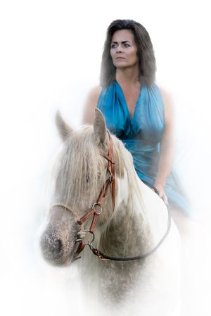 Three progressive images showing a rider in a blue top atop a white horse emerging from a misty scene.