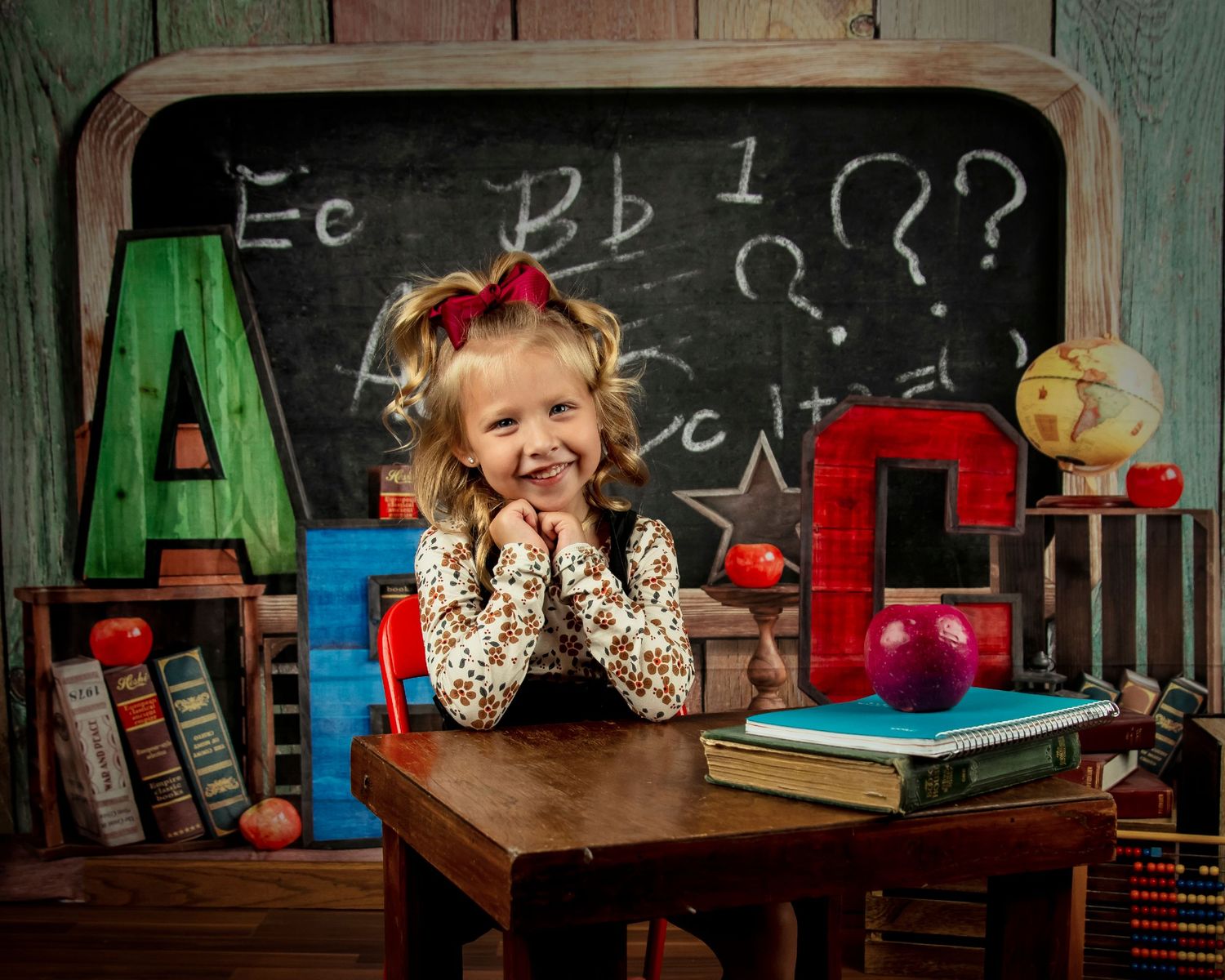 A study scene with large ABC letters, books, chalkboard with equations, and a student at desk in a vintage educational setting.