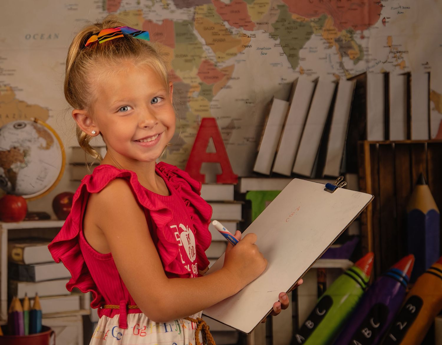 Student poses with clipboard against educational backdrop with world map and books.