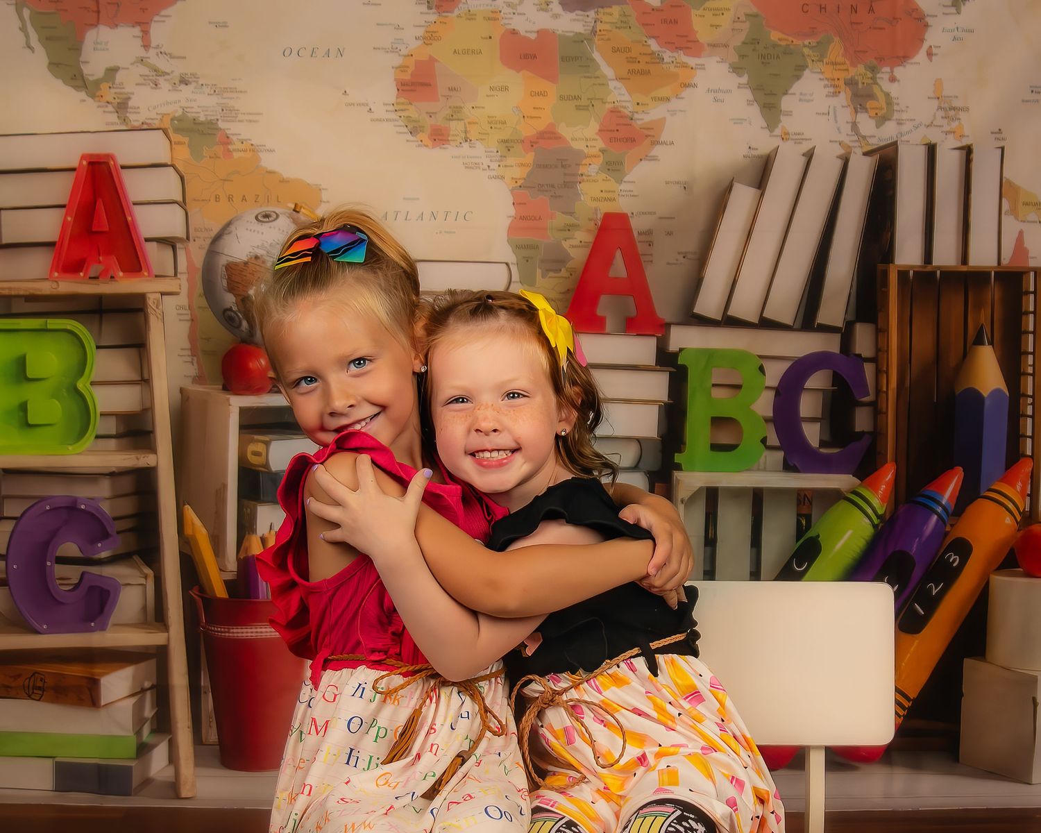Two children embrace in front of a world map backdrop with colorful letter decorations and books.