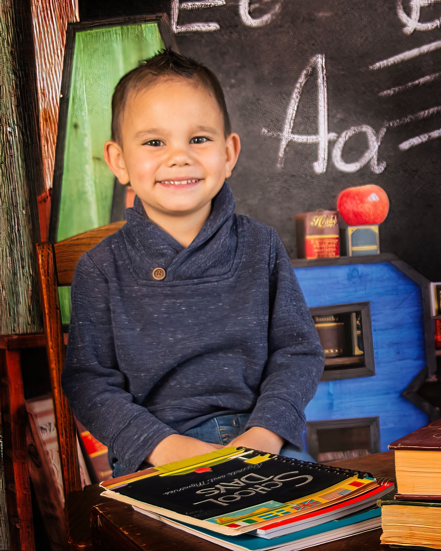School photo featuring student with books against chalkboard background.