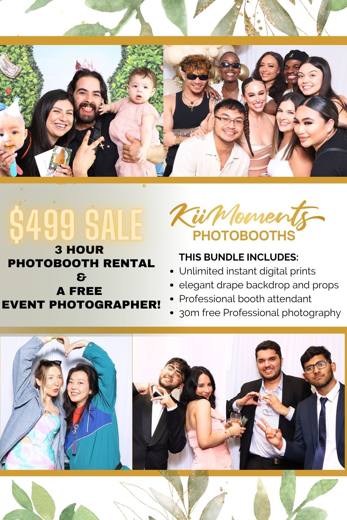 Promotional flyer for photo booth rental service showing sample photos and pricing details.