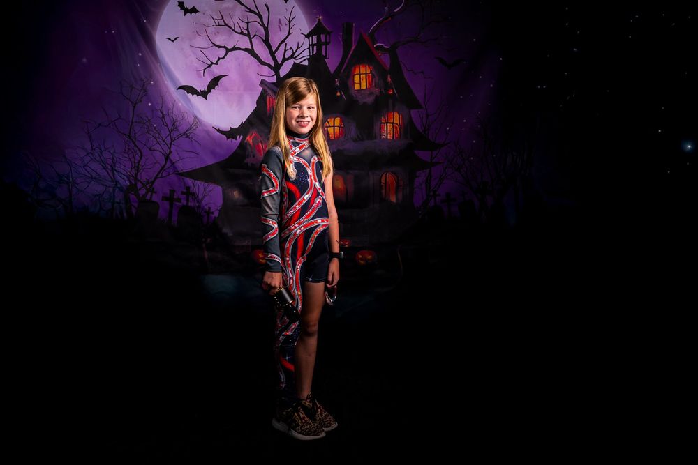 A collection of spooky Halloween-themed images with silhouettes against a dark purple background with bats and trees.