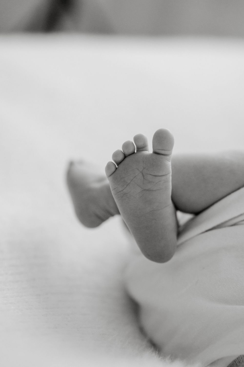 Close-up of tiny baby feet against white background in black and white photography.