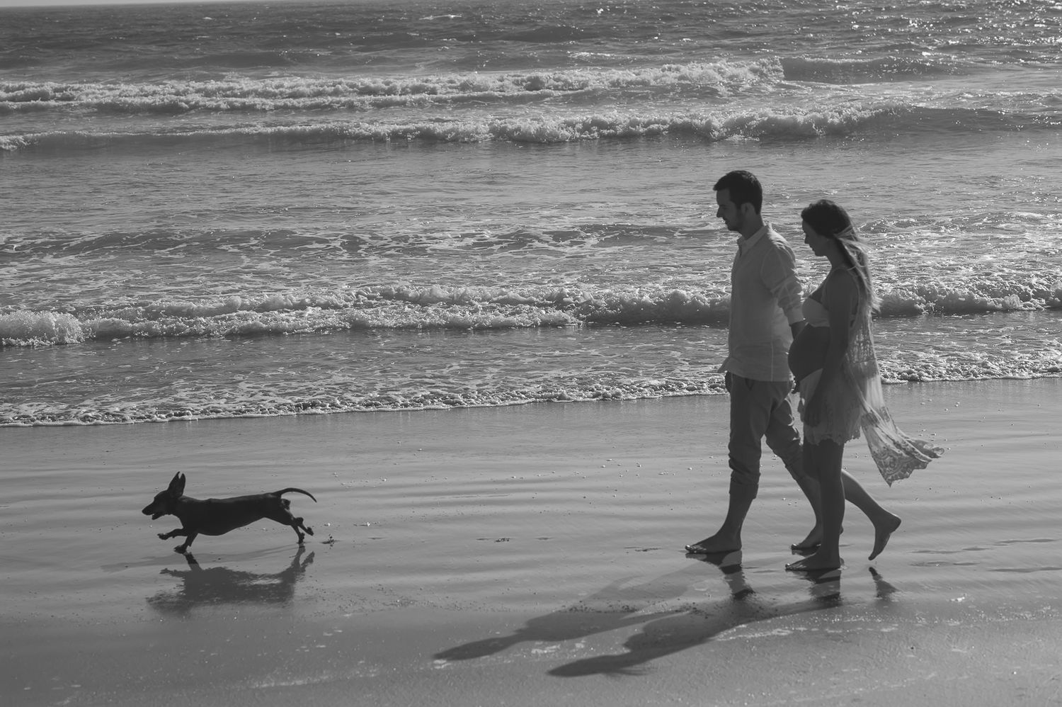 A black and white beach scene with a couple walking their dog by the ocean.