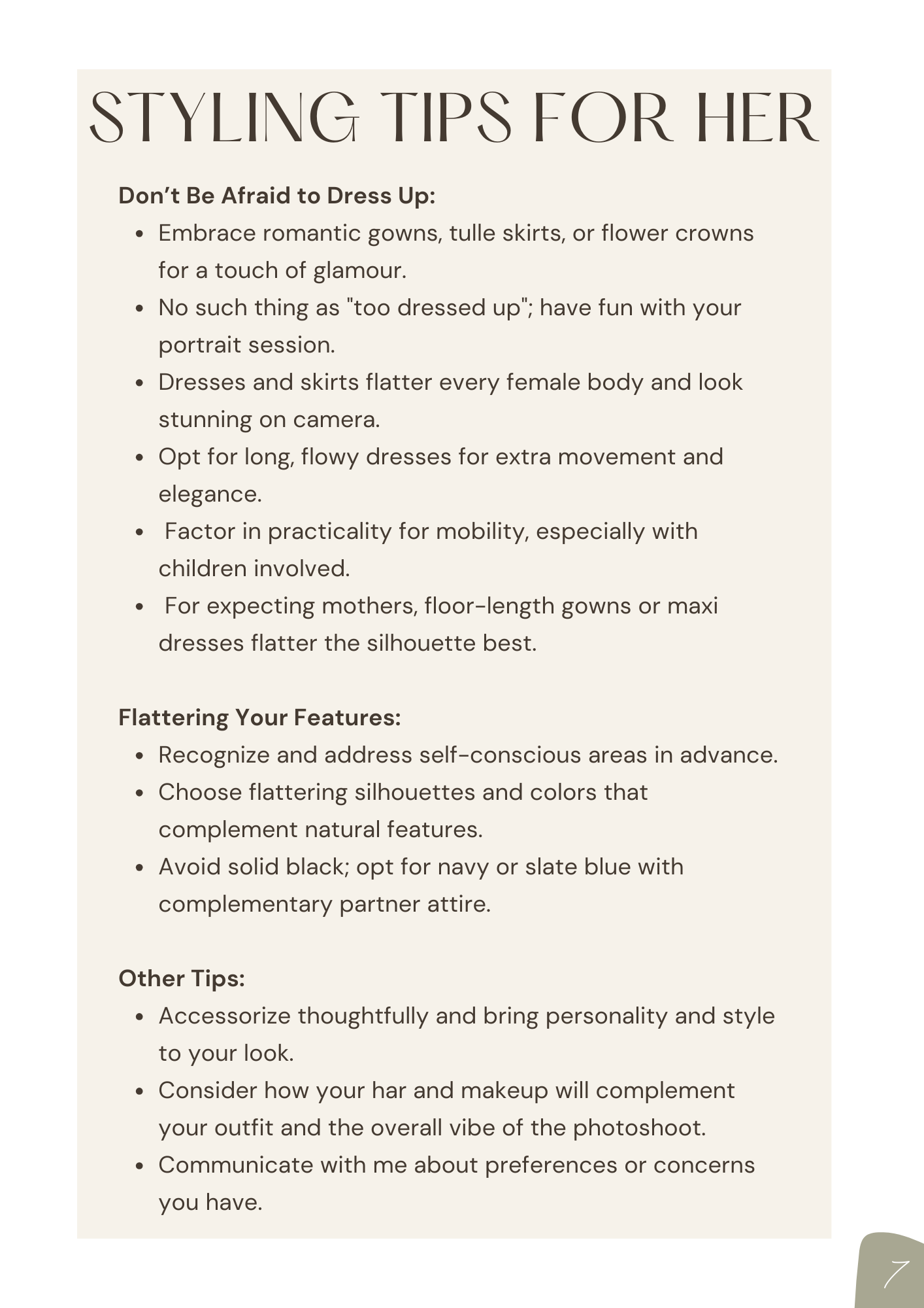 A styled photography guide page with flattering outfit and styling tips for women in family portraits.