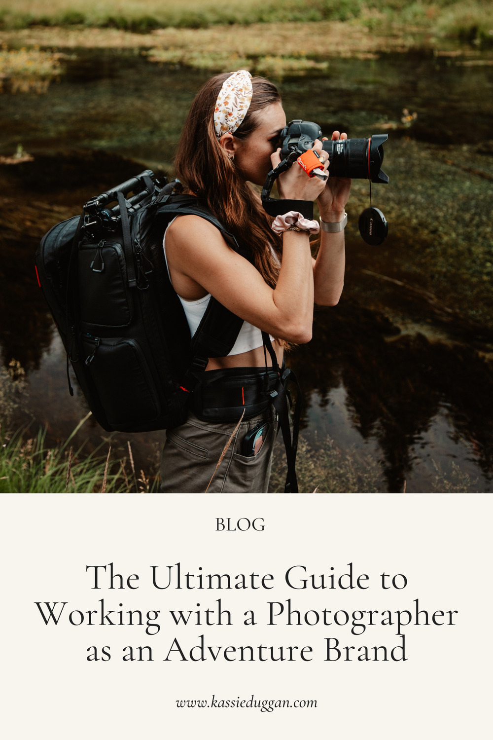 Adventure photographer with backpack and camera capturing nature shots outdoors.