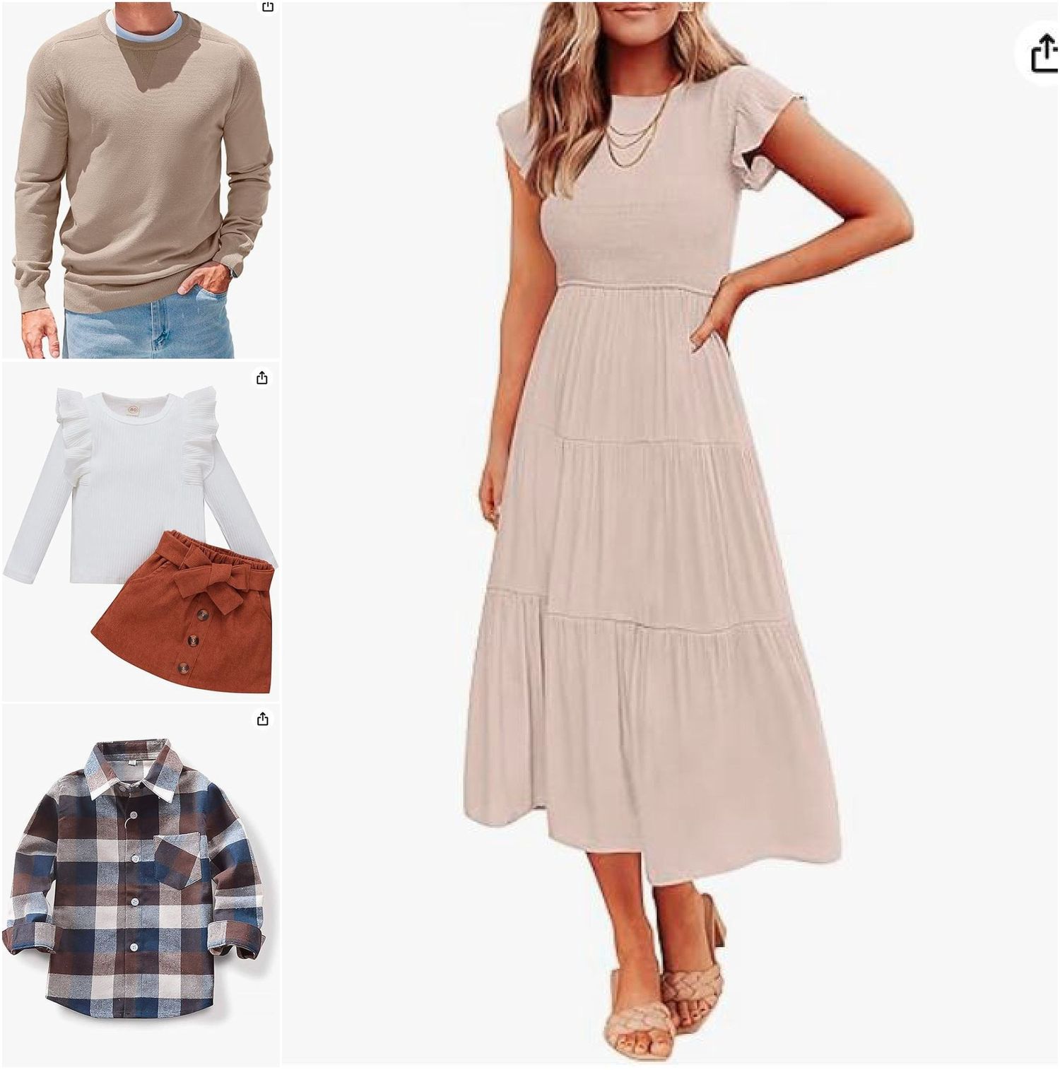 Collection of casual clothing items including a beige midi dress and sweater.