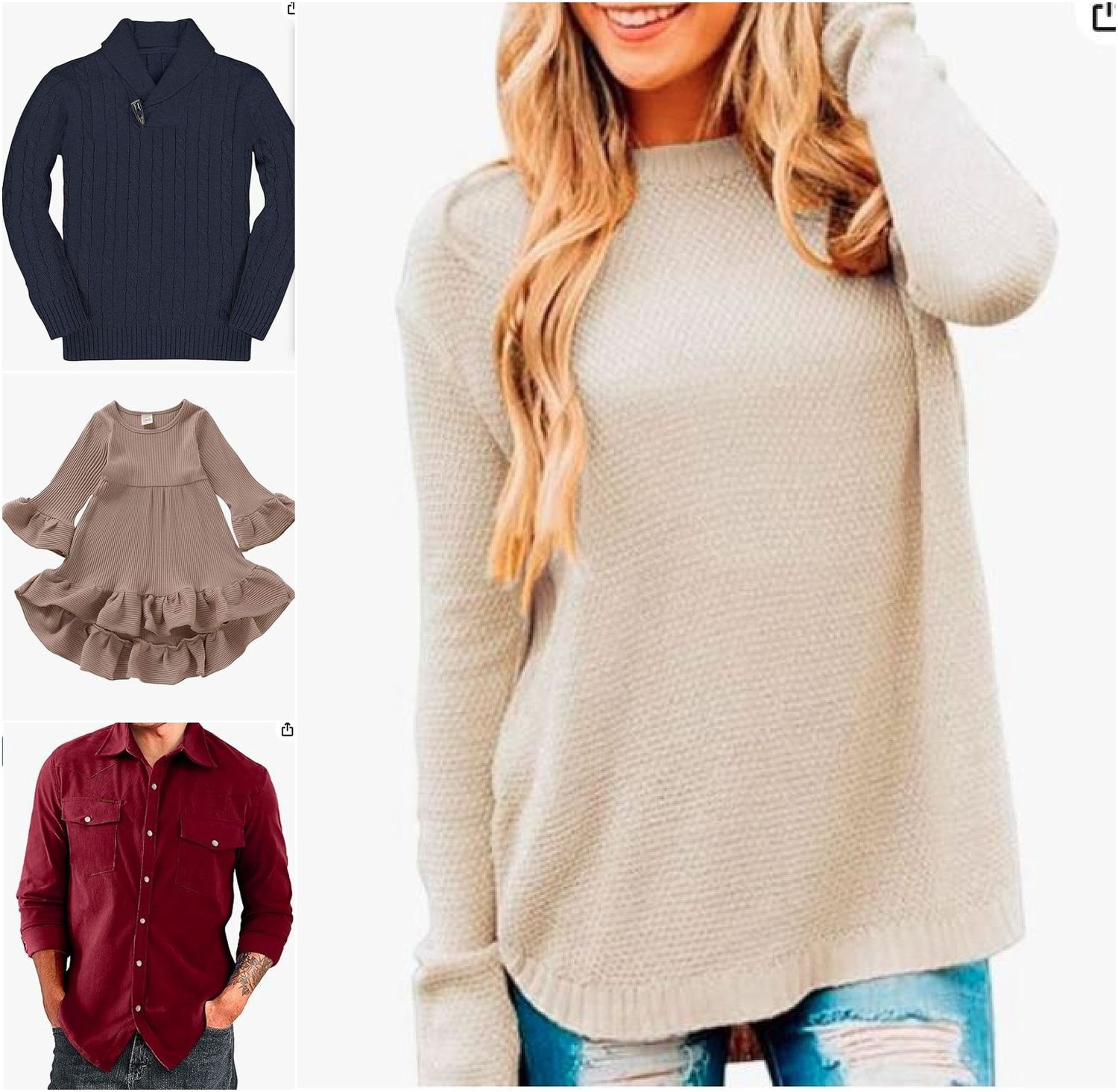 Casual clothing collection featuring beige sweaters and button-down shirts.