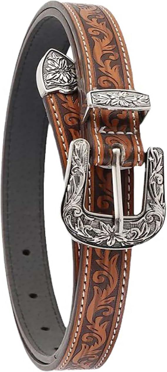 Western-style brown leather belt with ornate silver floral buckle and tooled pattern design.