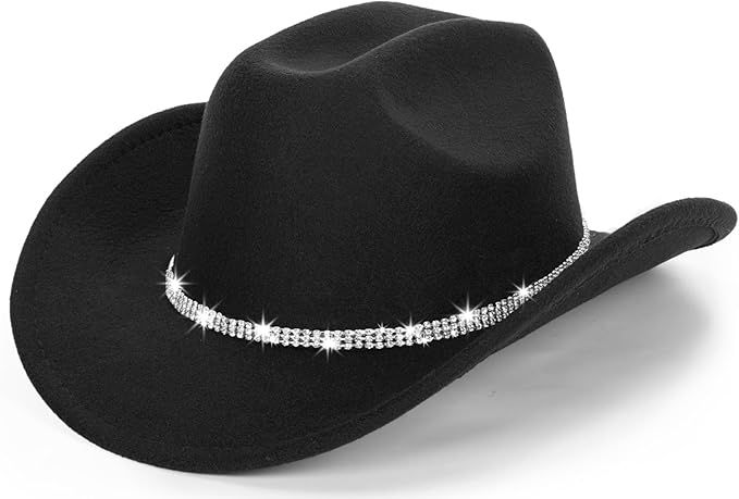 A black western cowboy hat with a decorative silver and rhinestone band around the crown.