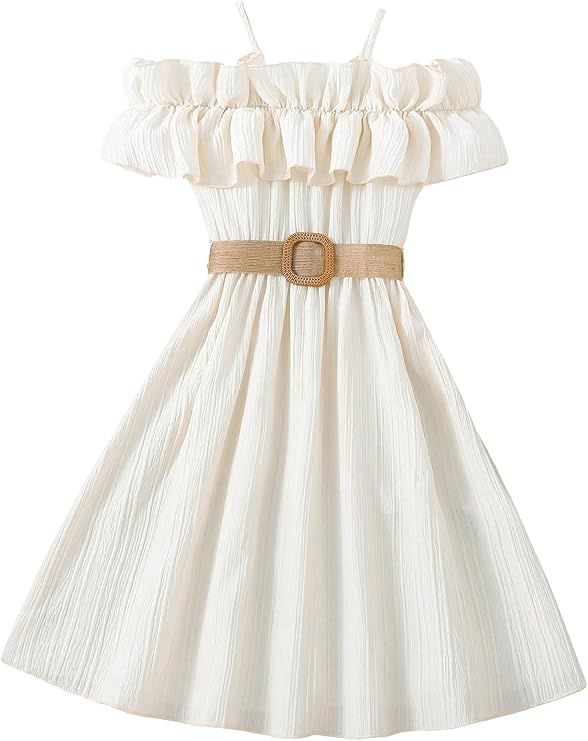 Off-shoulder white summer dress with ruffled neckline and brown belt featuring gathered waist and flowy skirt.