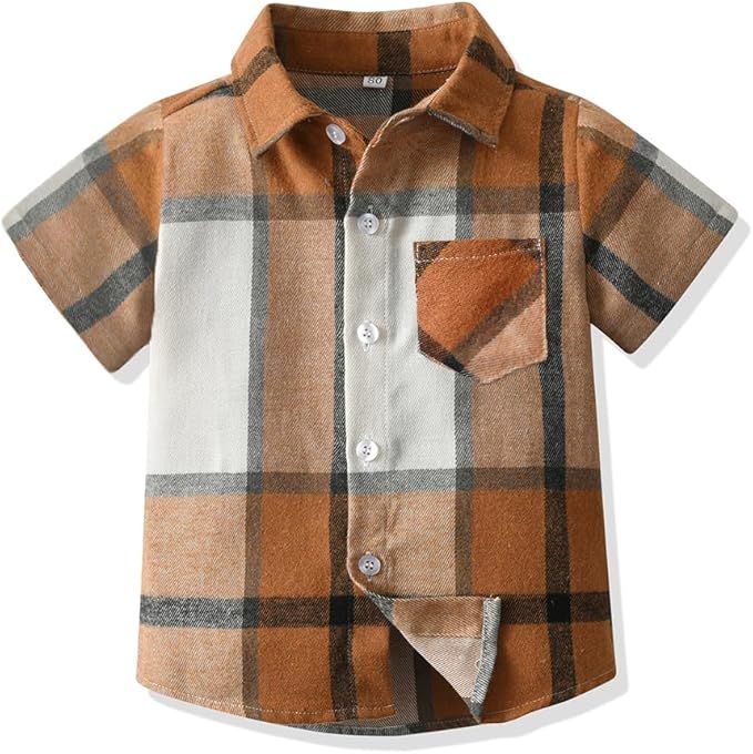 Plaid short-sleeve button-up shirt in brown and white checkered pattern with chest pocket.
