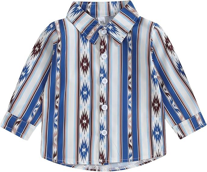 Blue and white striped button-down shirt with Native American-inspired geometric patterns.