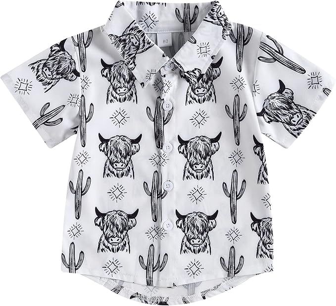 White button-down shirt with black Highland cow and cactus pattern print for casual western style.