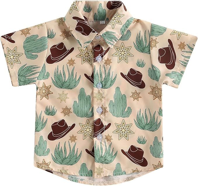 Beige western-style button up shirt with cowboy hat and cactus print pattern for children.