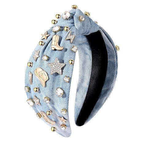 Light blue velvet headband decorated with pearl beads and metallic star embellishments.