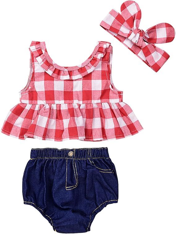Red gingham baby girl outfit set with ruffled crop top, denim bloomers and matching headband.