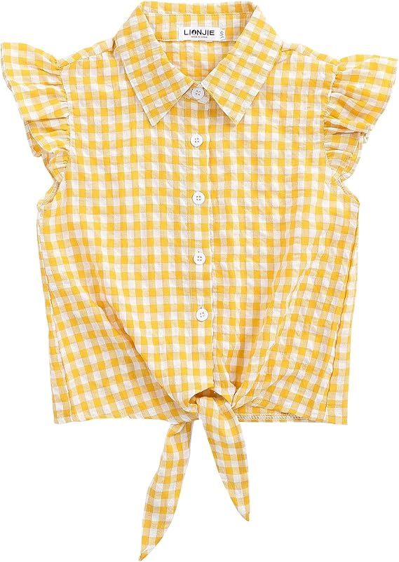 Yellow and white gingham check crop top with flutter cap sleeves and front tie detail features button closure.