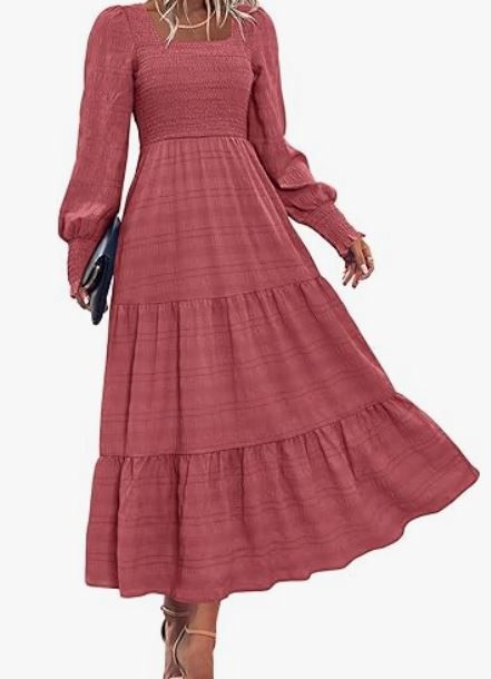 Dusty rose tiered maxi dress with smocked bodice and balloon sleeves.