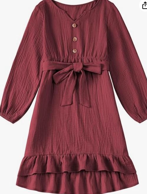 Burgundy cotton dress with balloon sleeves, button front, and tie waist detail.
