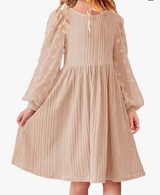 Beige pleated midi dress with sheer long sleeves and pintuck details.