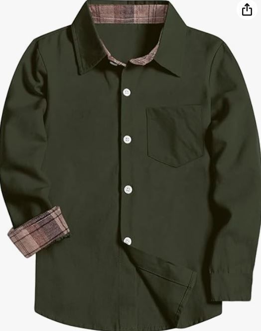 Olive green button-down shirt with plaid lining and chest pocket for children.