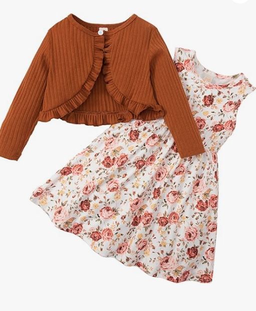 Two-piece girls outfit with rust ruffled cardigan and floral print dress.
