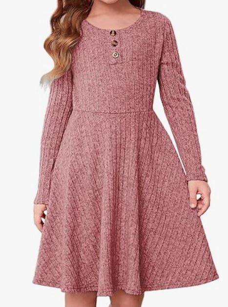Pink ribbed knit dress with button detail and long sleeves.