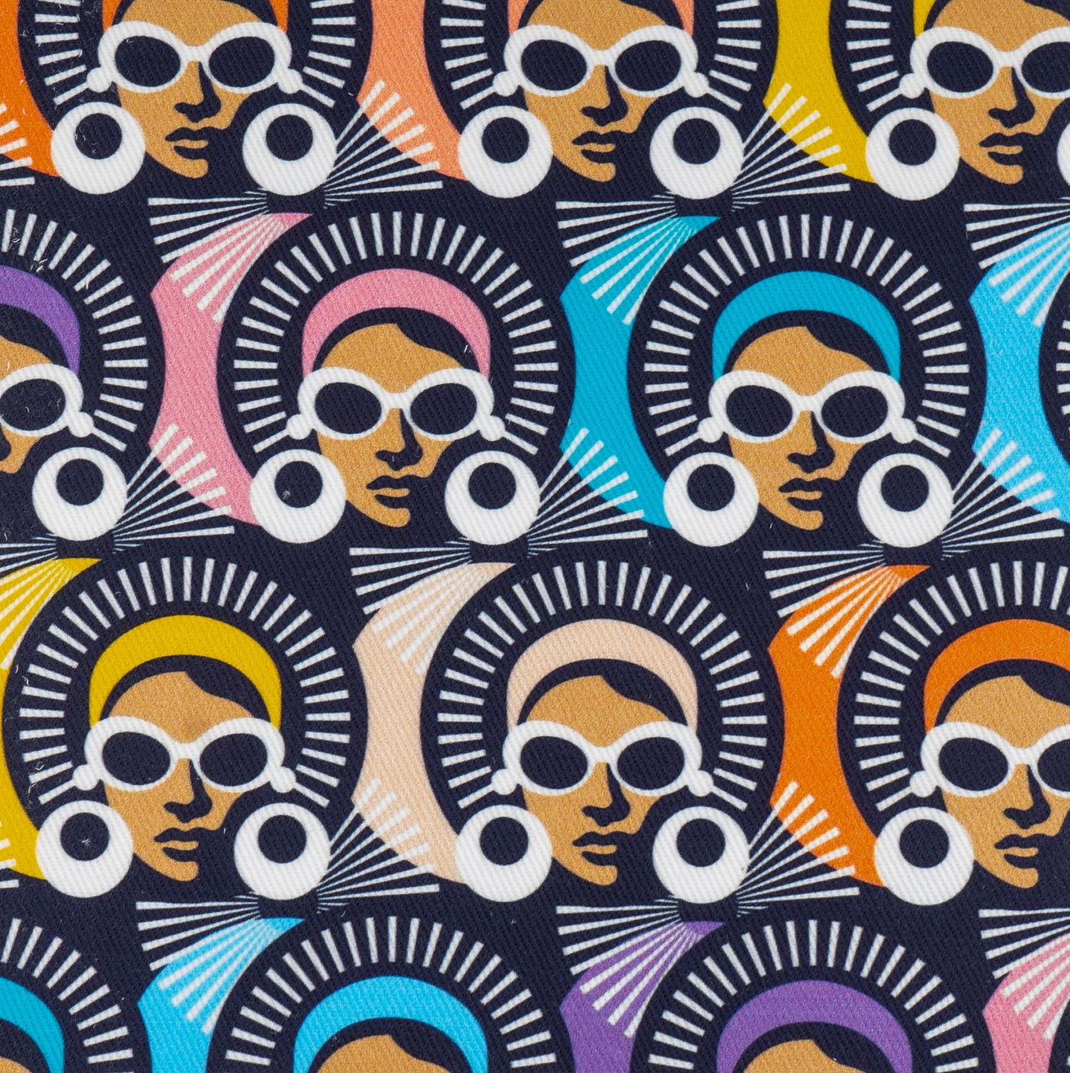 Colorful retro pattern featuring repeating stylized faces with sunglasses in vibrant geometric design.