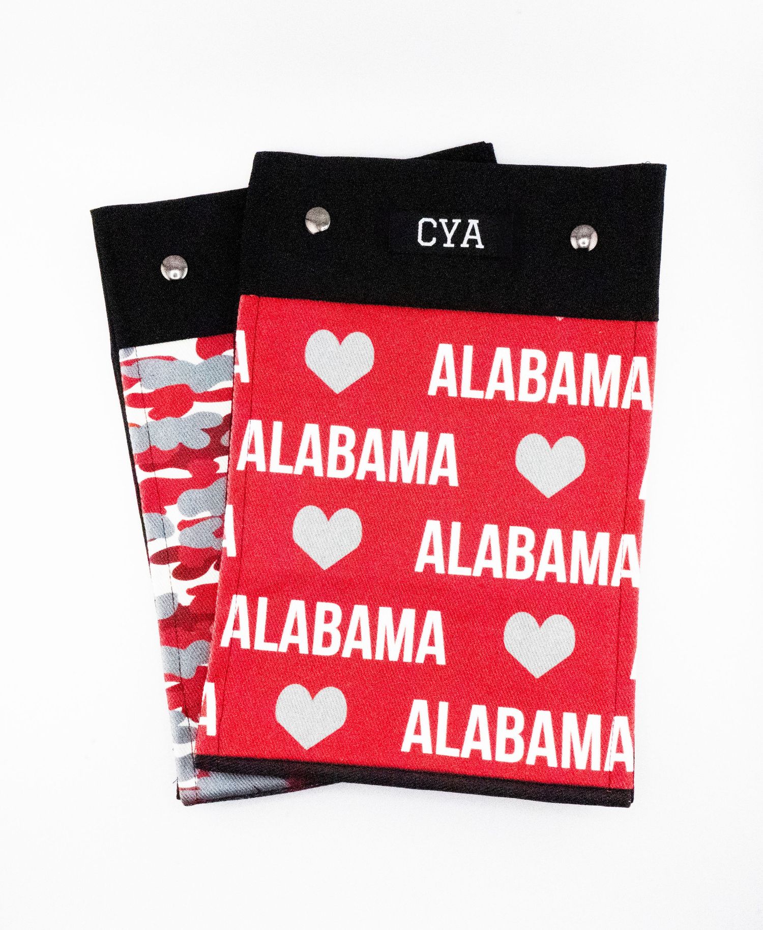 Black and red fabric accessories featuring Alabama text and hearts in repeated pattern.