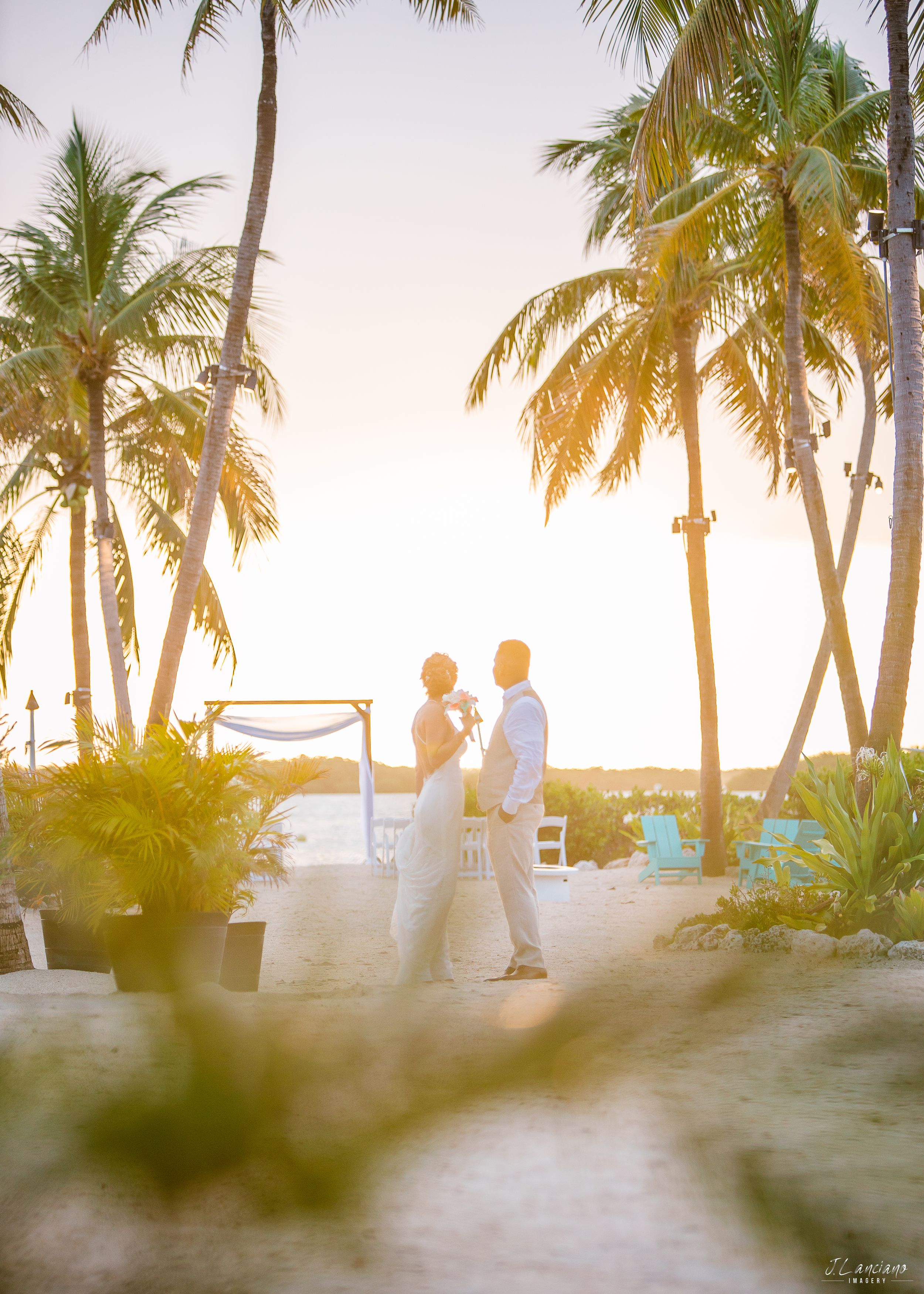 Romantic silhouette of two people under palm trees at sunset by the beach.