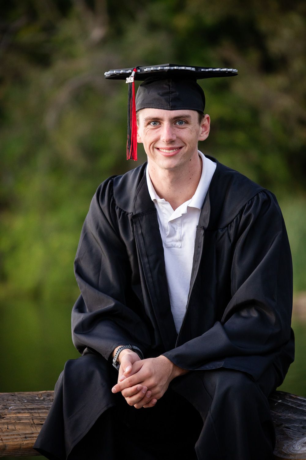 Senior portraits in cap and gown at Vasona Lake County Park in Los Gatos by Cindy Tucey Photography
