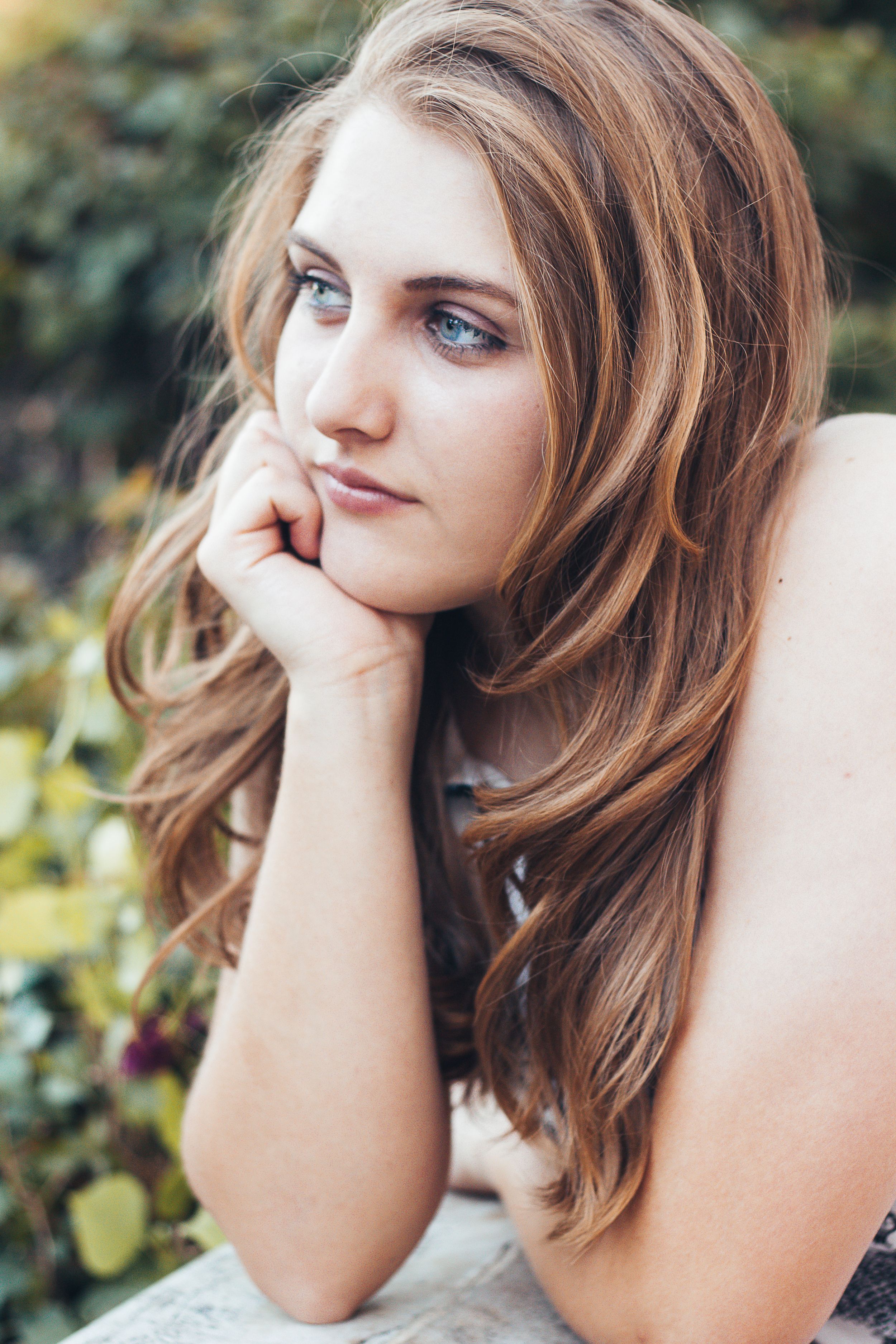 A series of close-up portraits showing a thoughtful expression with brown hair against a blurred natural background.