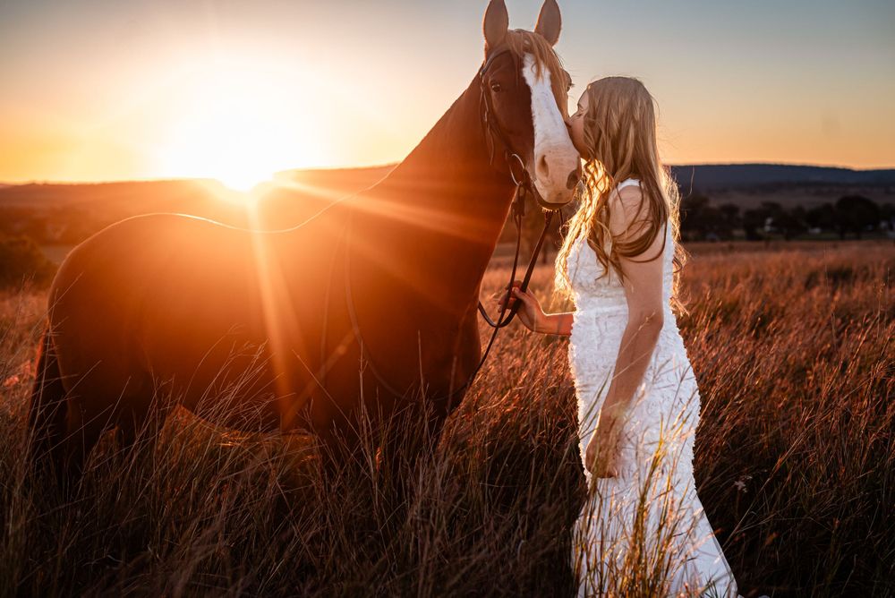 A bride in a white dress poses in a golden wheat field at sunset with rolling hills in the background.