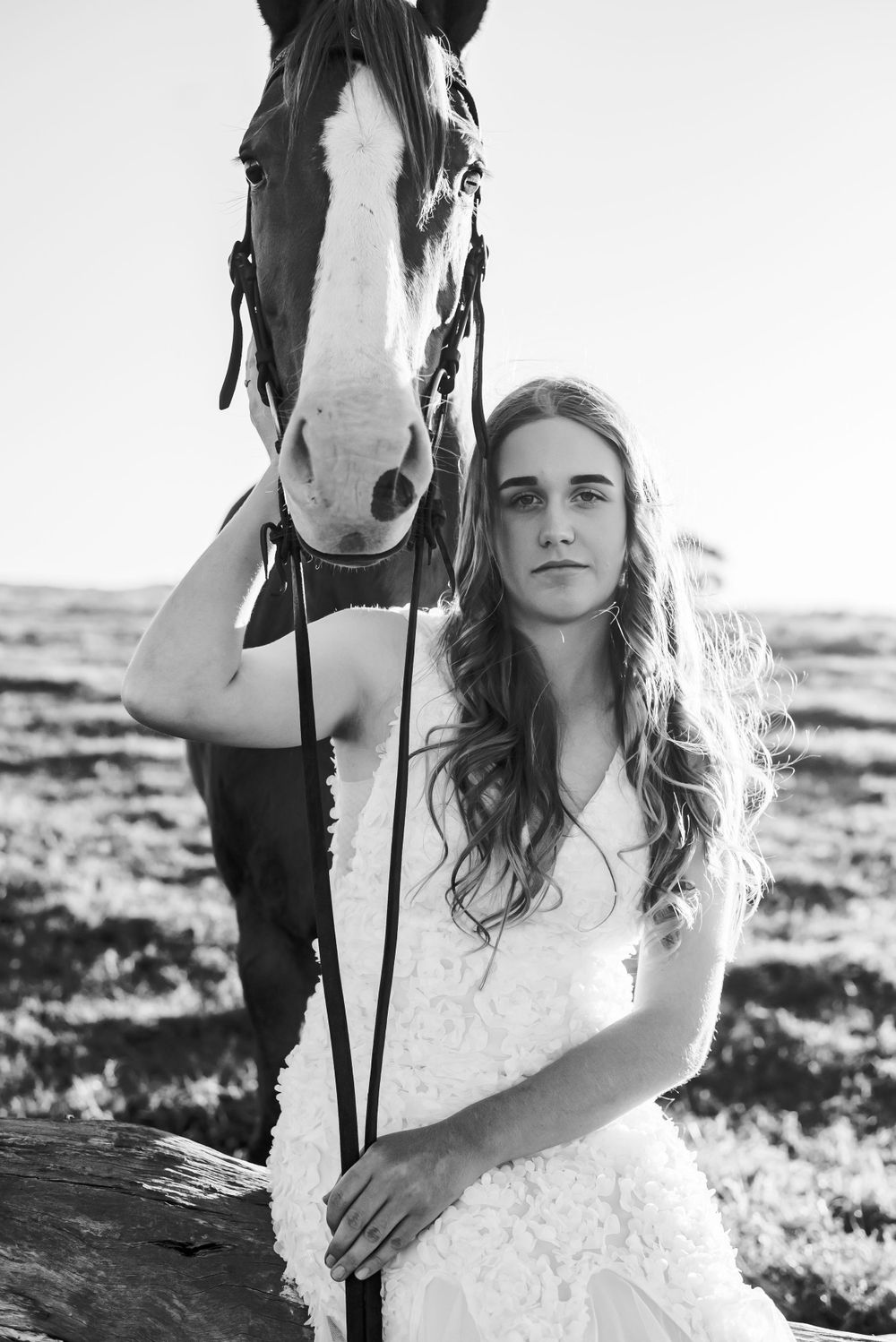Black and white artistic portraits with a bridled horse in a rustic outdoor setting.