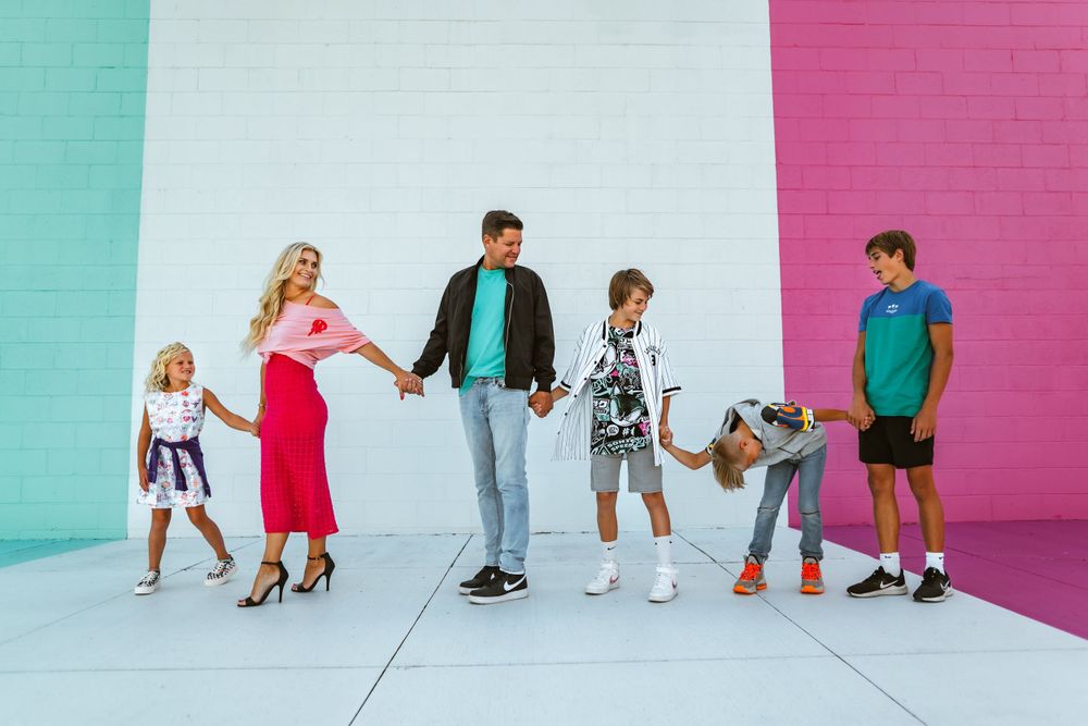 Family photo session bright colors. At Wind and James in Three Rivers
