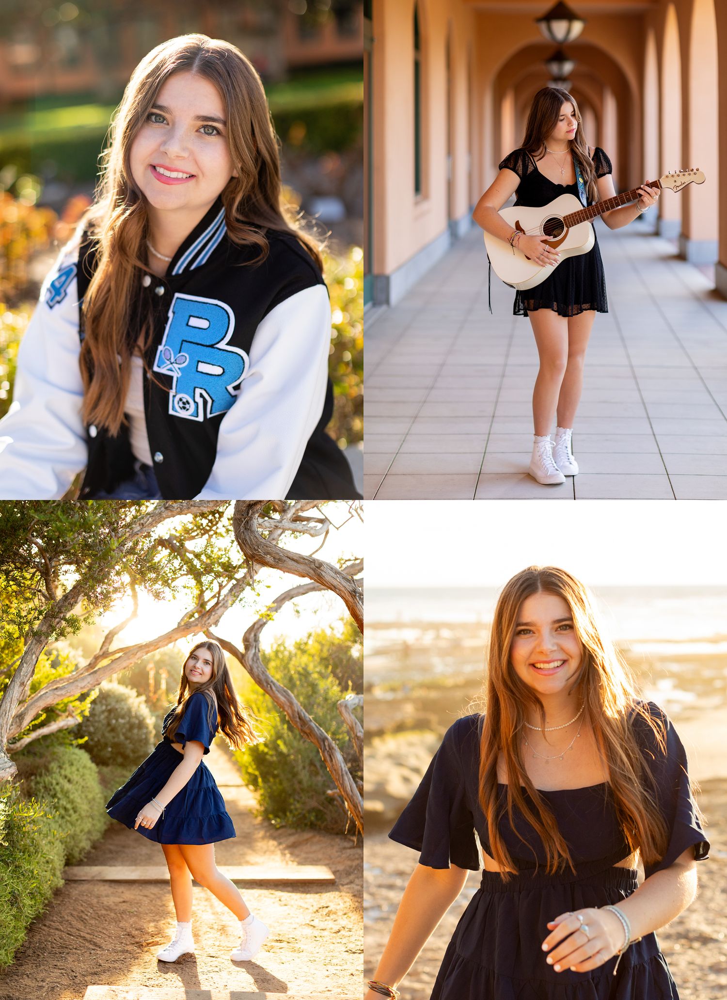 A four photo collage showing senior portrait style photos in various poses with a letterman jacket and guitar.