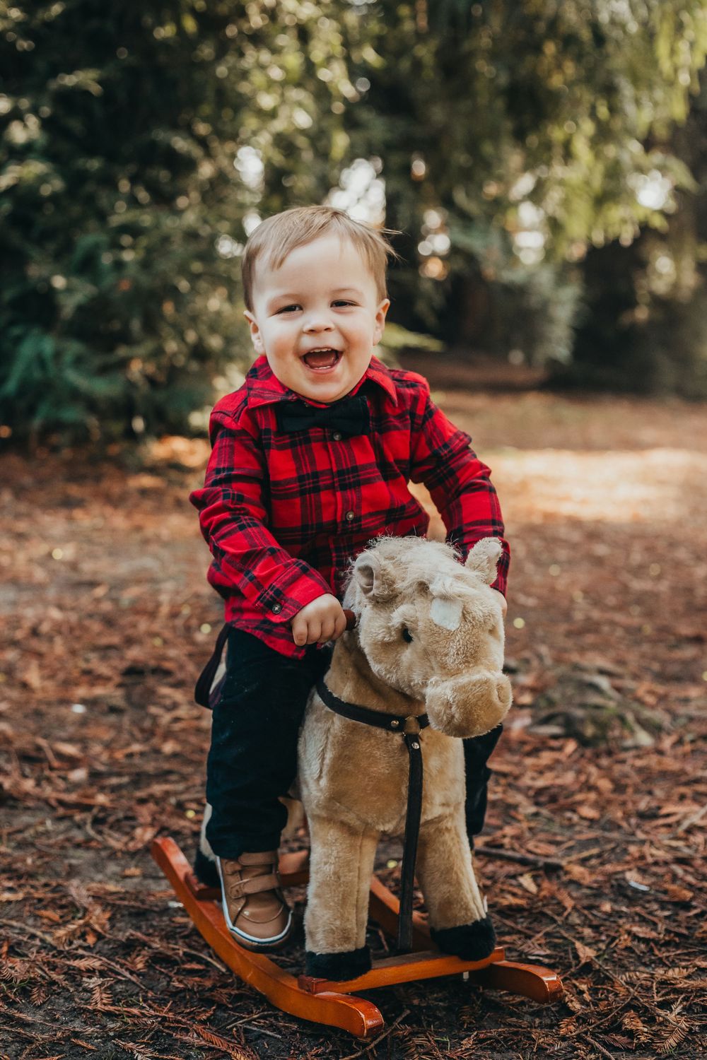 Photo of a toddler playing on a toy horse