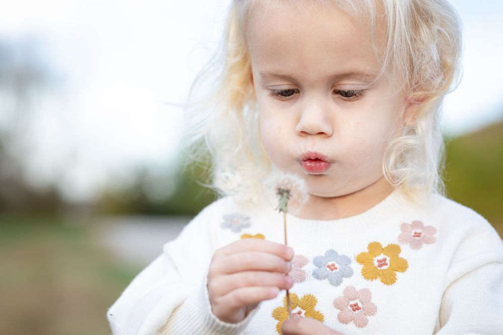 Young girl with flowers during a family reunion session at a park in Mountain Home, Arkansas