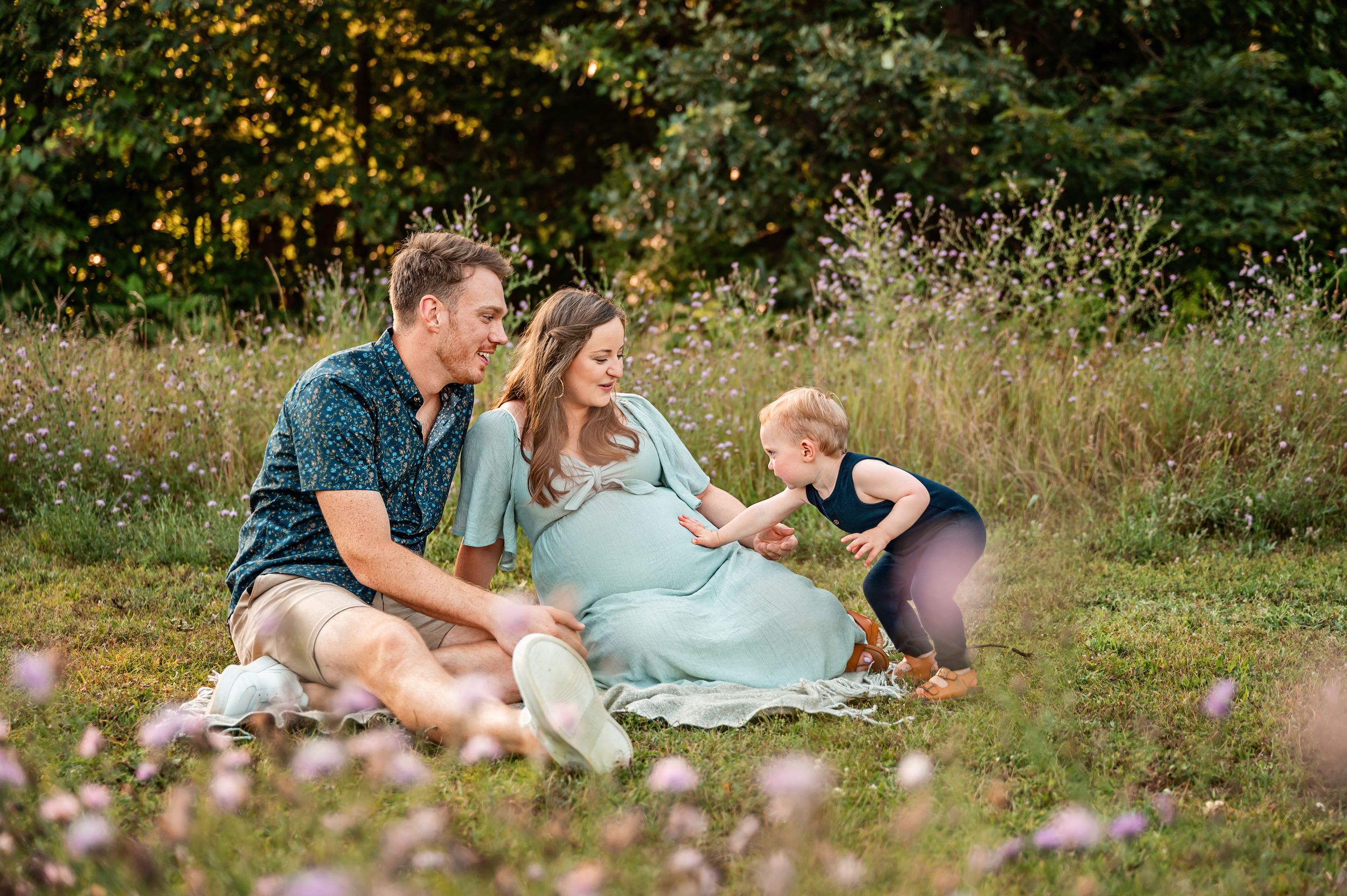 Family enjoying picnic in wildflower meadow during summer evening.