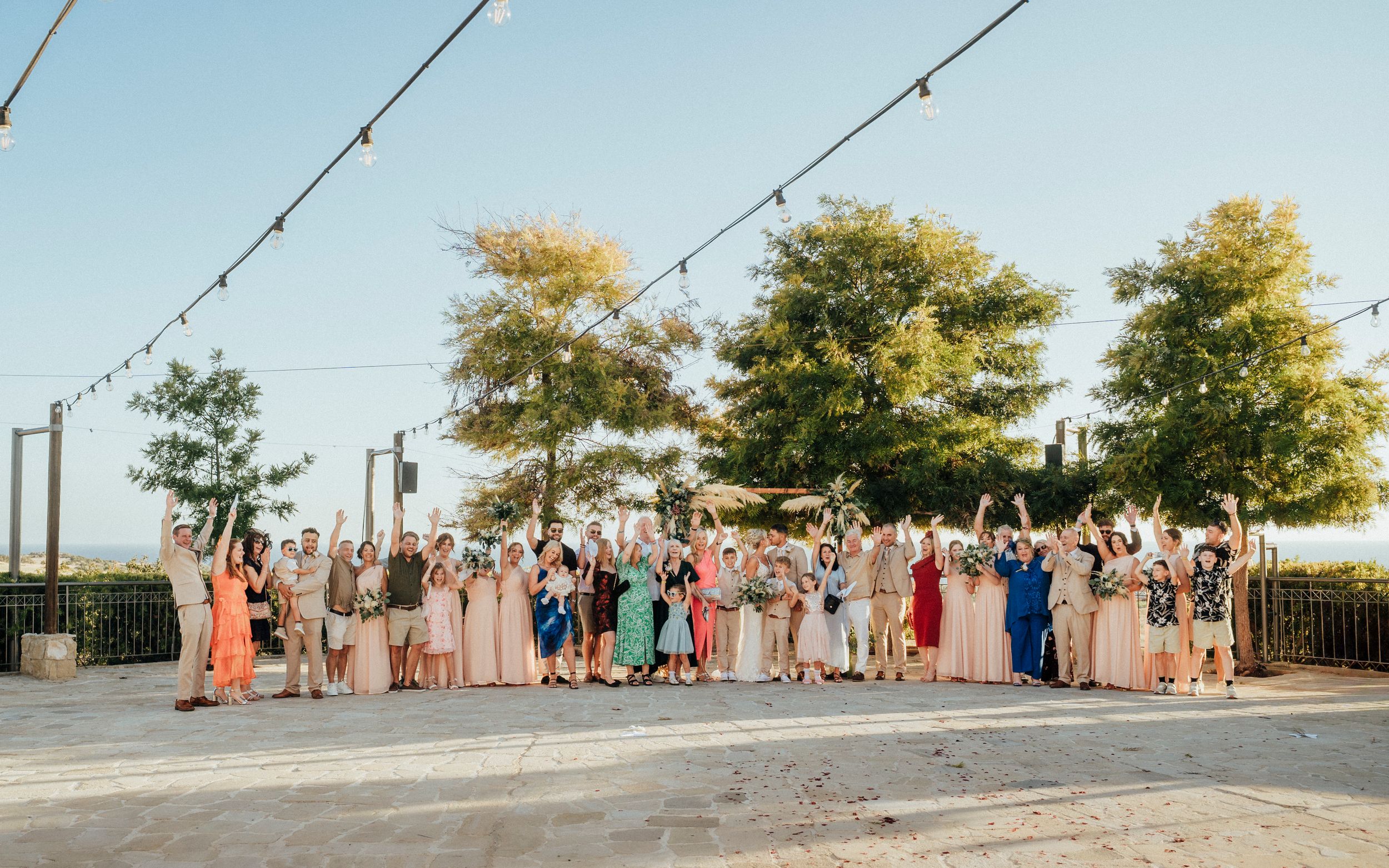 A panoramic sequence of wedding guests posing together on a sunny day with power lines visible overhead.