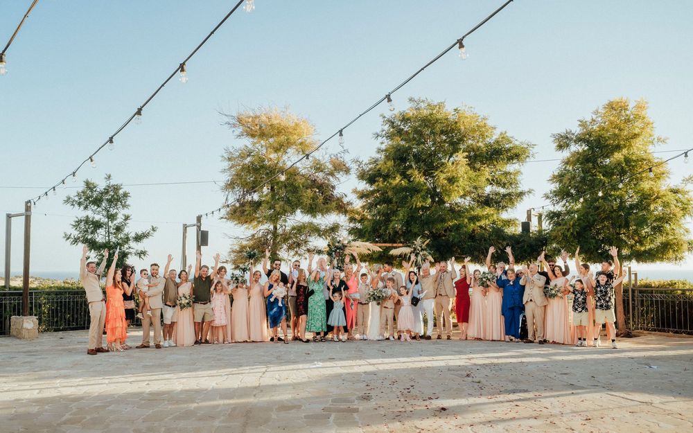 A panoramic sequence of wedding guests posing together on a sunny day with power lines visible overhead.
