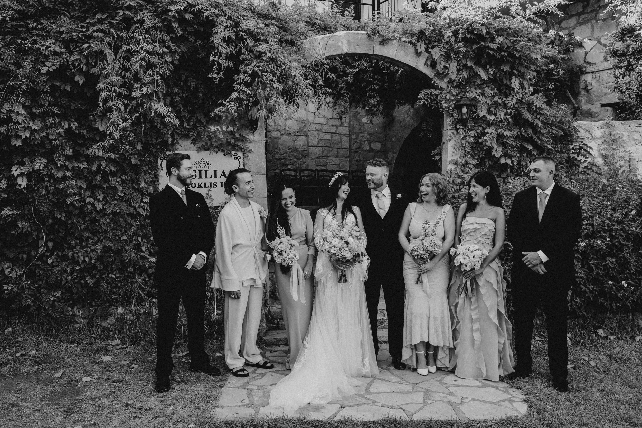 A collection of black and white wedding photos arranged in a horizontal strip showing outdoor ceremony moments.