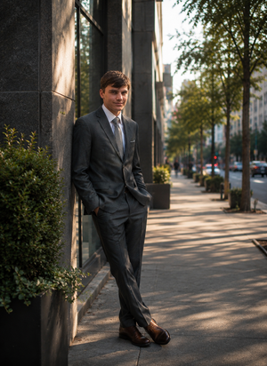 Young man in charcoal suit and brown loafers leaning against building on urban sidewalk.