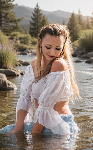Woman in white off-shoulder top wading in a mountain river, surrounded by trees and rocks.