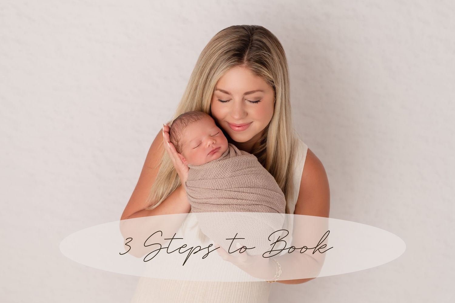 Maternity photography promotional image with text overlay on neutral background.